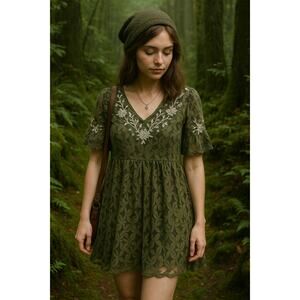 Entro Boho Olive Lace Embroidered Dress Cottagecore Goblincore Forestcore S